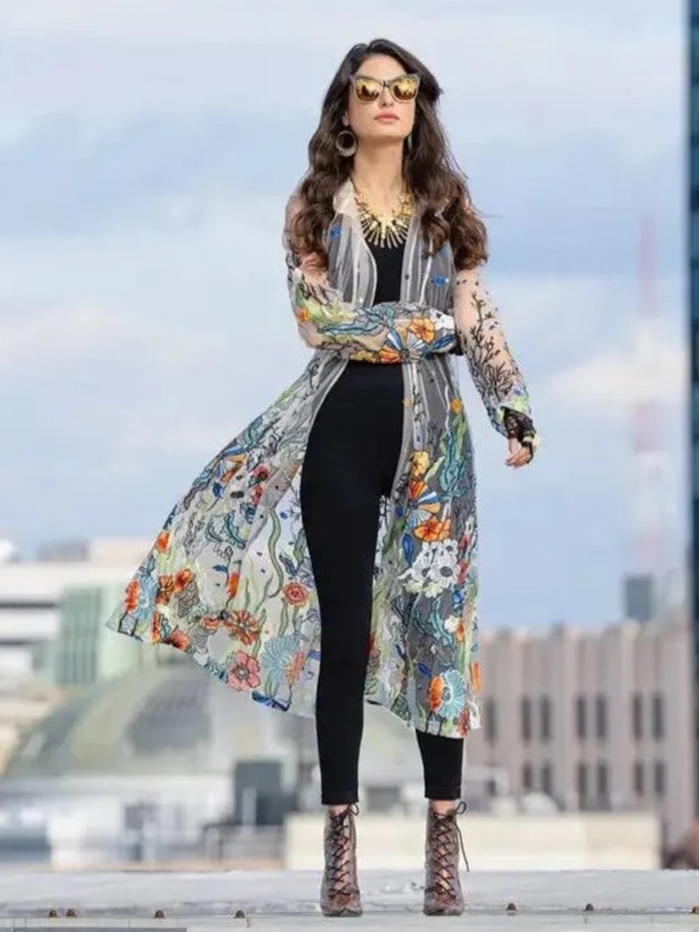 Adore Organza Long Floral Embroidered Sheer Duster Size Small